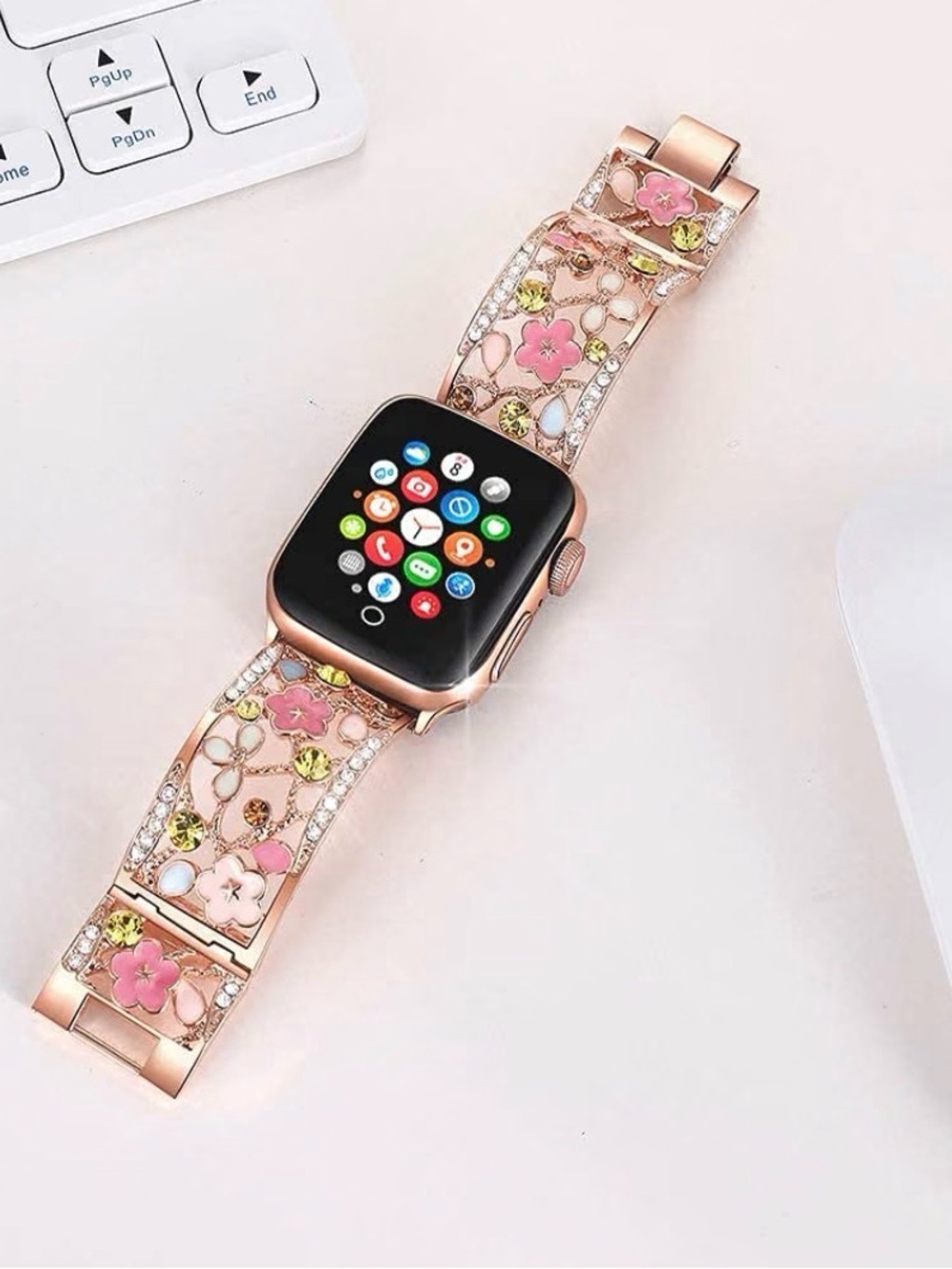 Rose Gold Floral Crystal Apple Watch Band 42/44/45/46/49mm series 11/10/9/8/7 - Picture 3 of 10